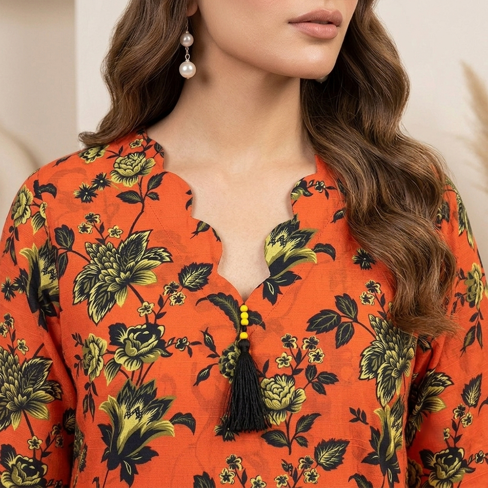 Rust-Orange Floral Printed Wholesale Pakistani Khaddar Suit