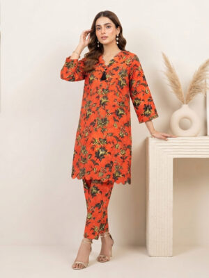 Rust-Orange Floral Printed Wholesale Pakistani Khaddar Suit