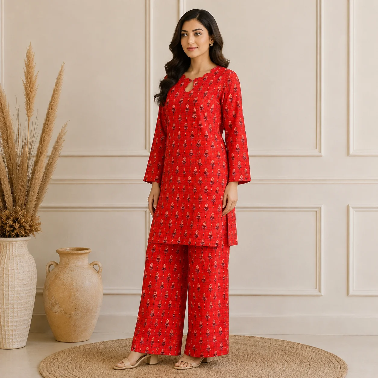 Red wholesale stitched lawn suit