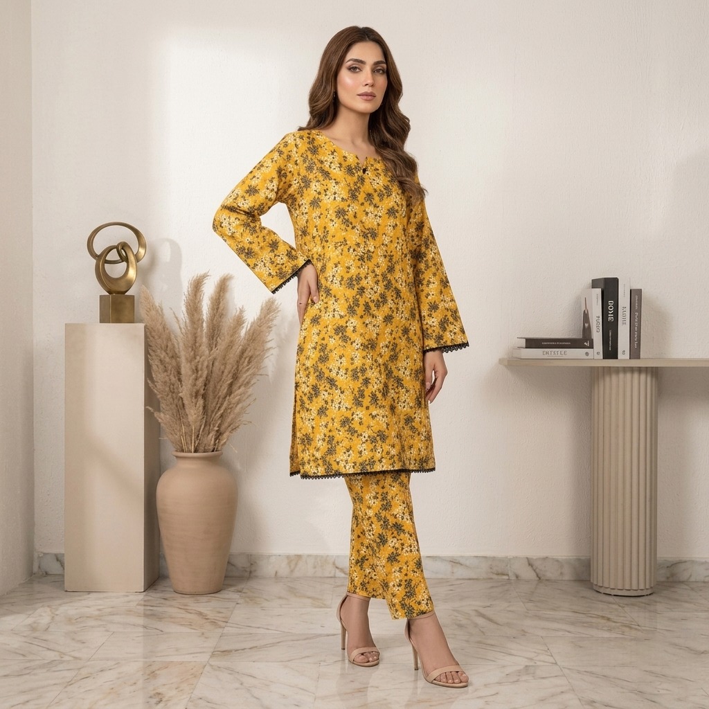 Yellow wholesale stitched lawn suit