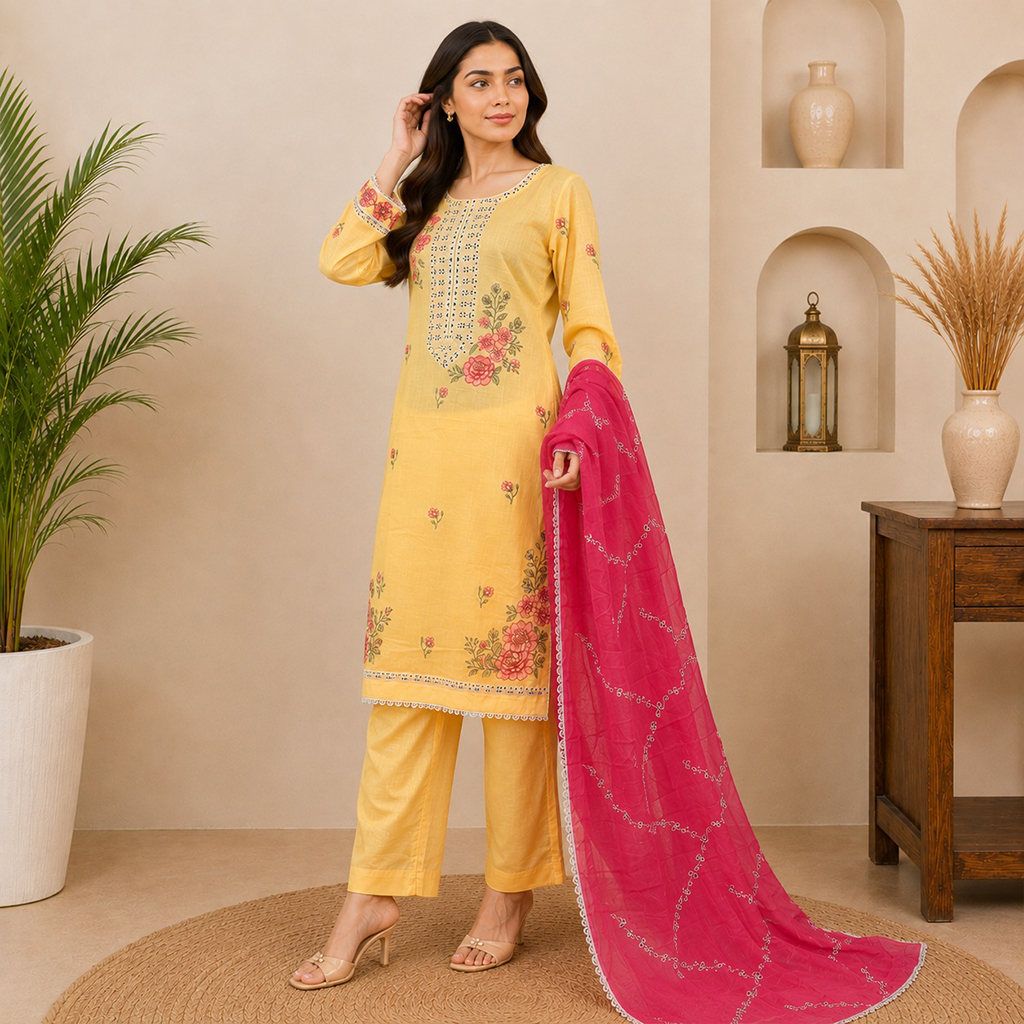 Yellow Embroidered wholesale Lawn Suit