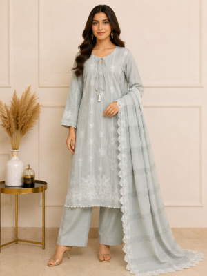 Light Grey Embroidery Lawn Suit Wholesale