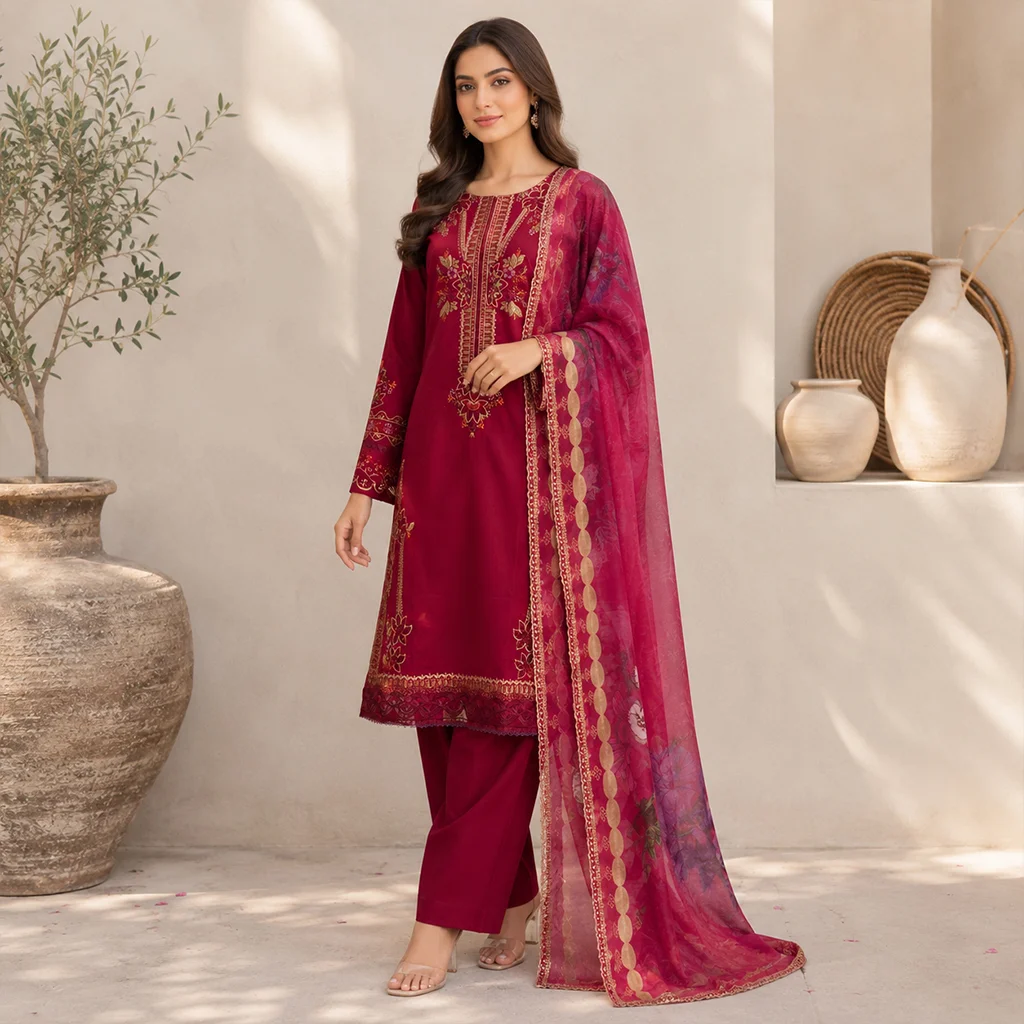 Magenta Embroidered lawn suits wholesale