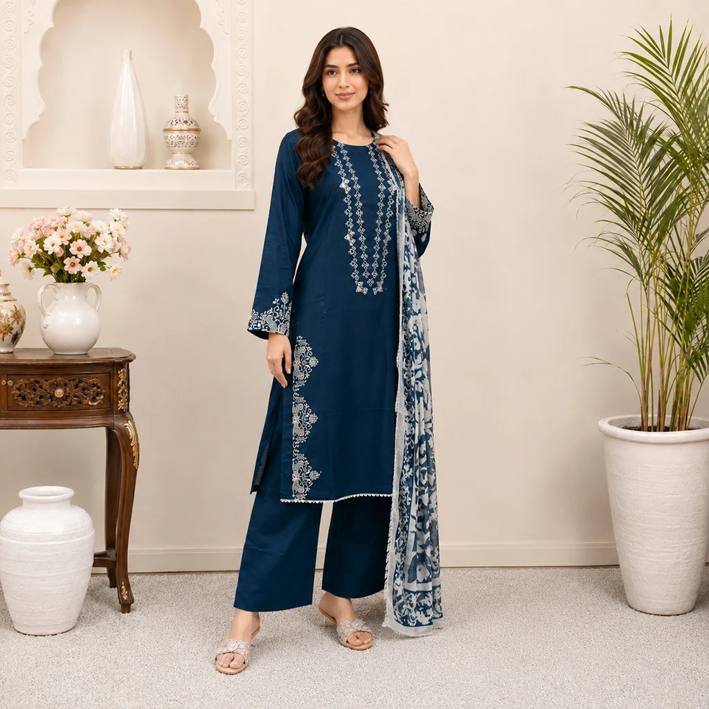 Navy Embroidered Lawn Suit Wholesale