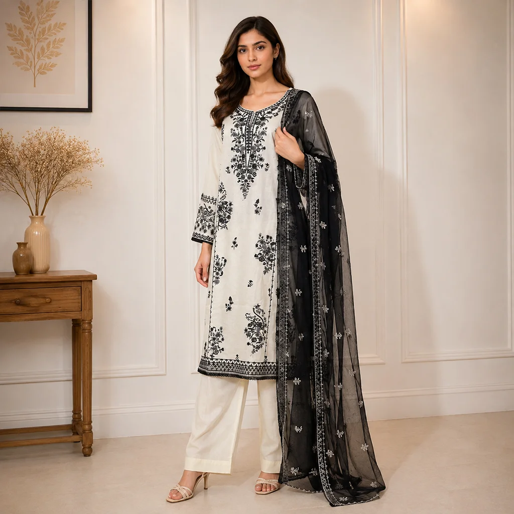 Off-White Pakistani Lawn Suit Wholesale