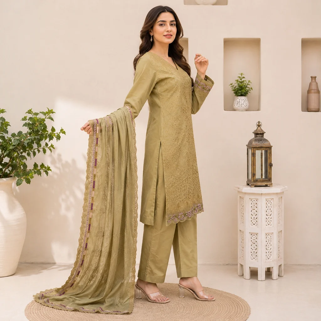 Olive Green Premium Wholesale Lawn Suit