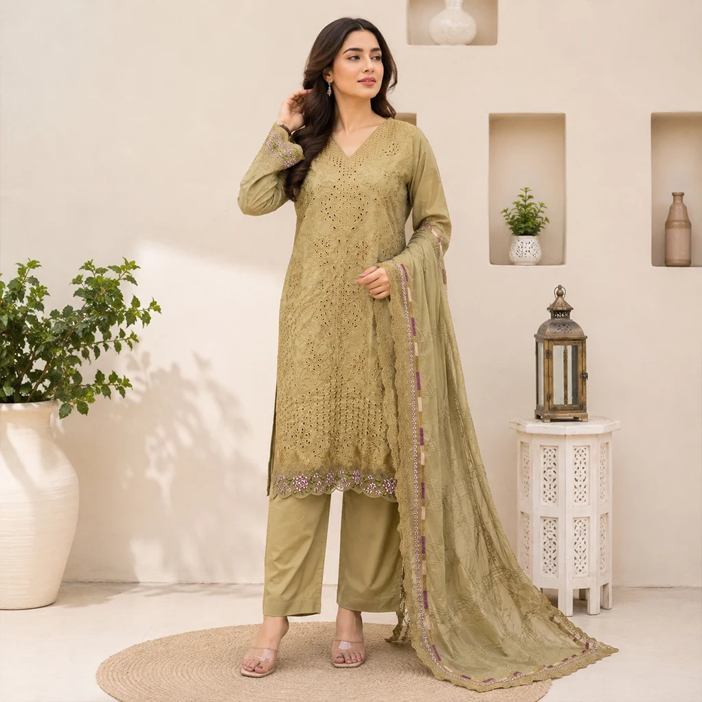 Olive Green Premium Wholesale Lawn Suit