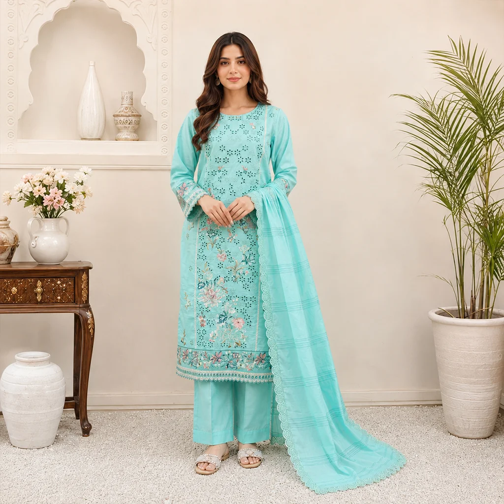 Powder Blue Embroidery Lawn Suit Wholesale