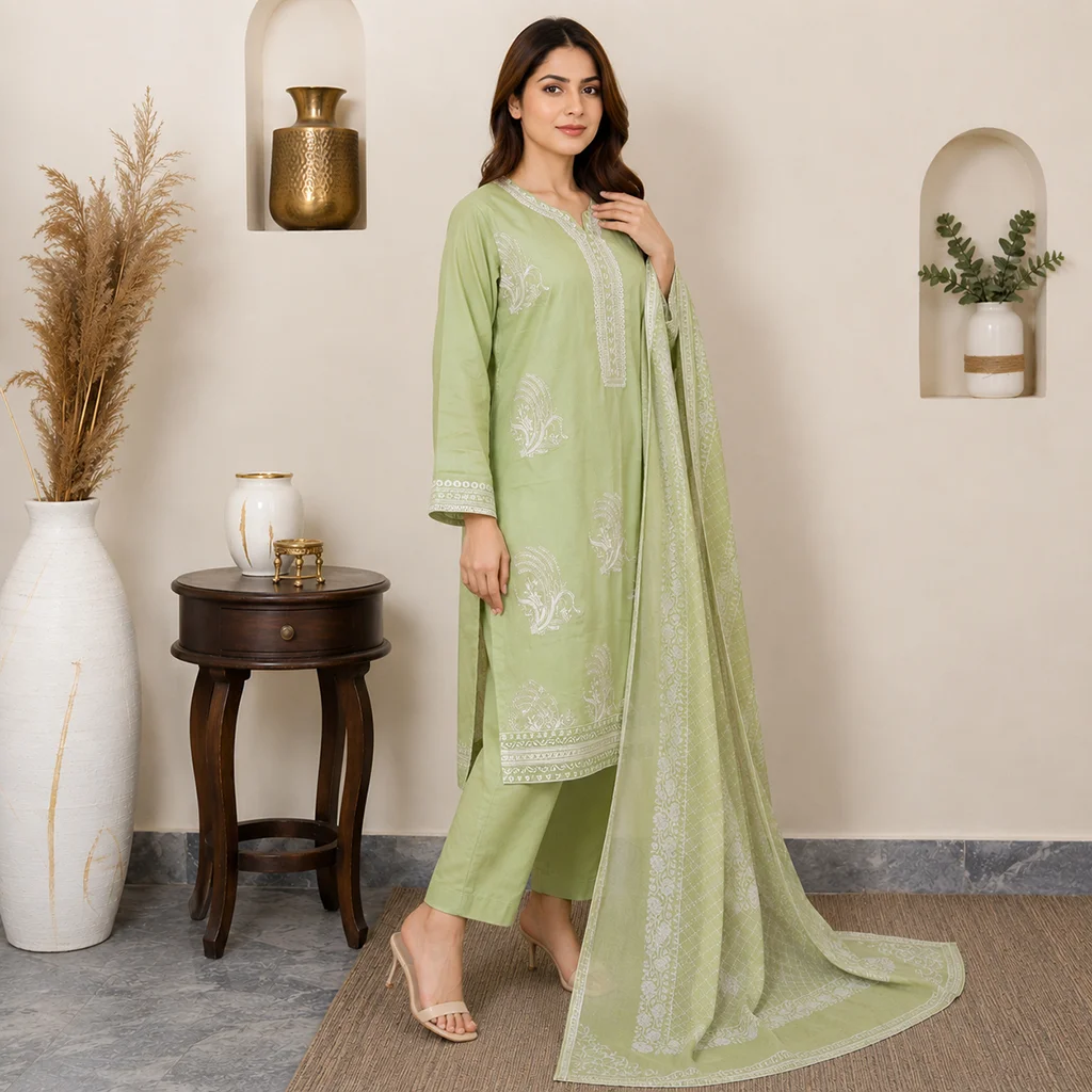 Saga Green Premium Lawn Suit Wholesale