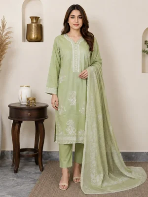 Saga Green Premium Lawn Suit Wholesale