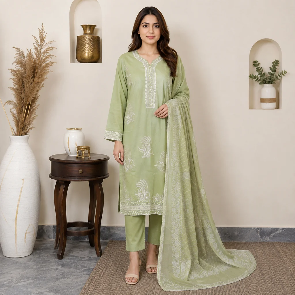 Saga Green Premium Lawn Suit Wholesale
