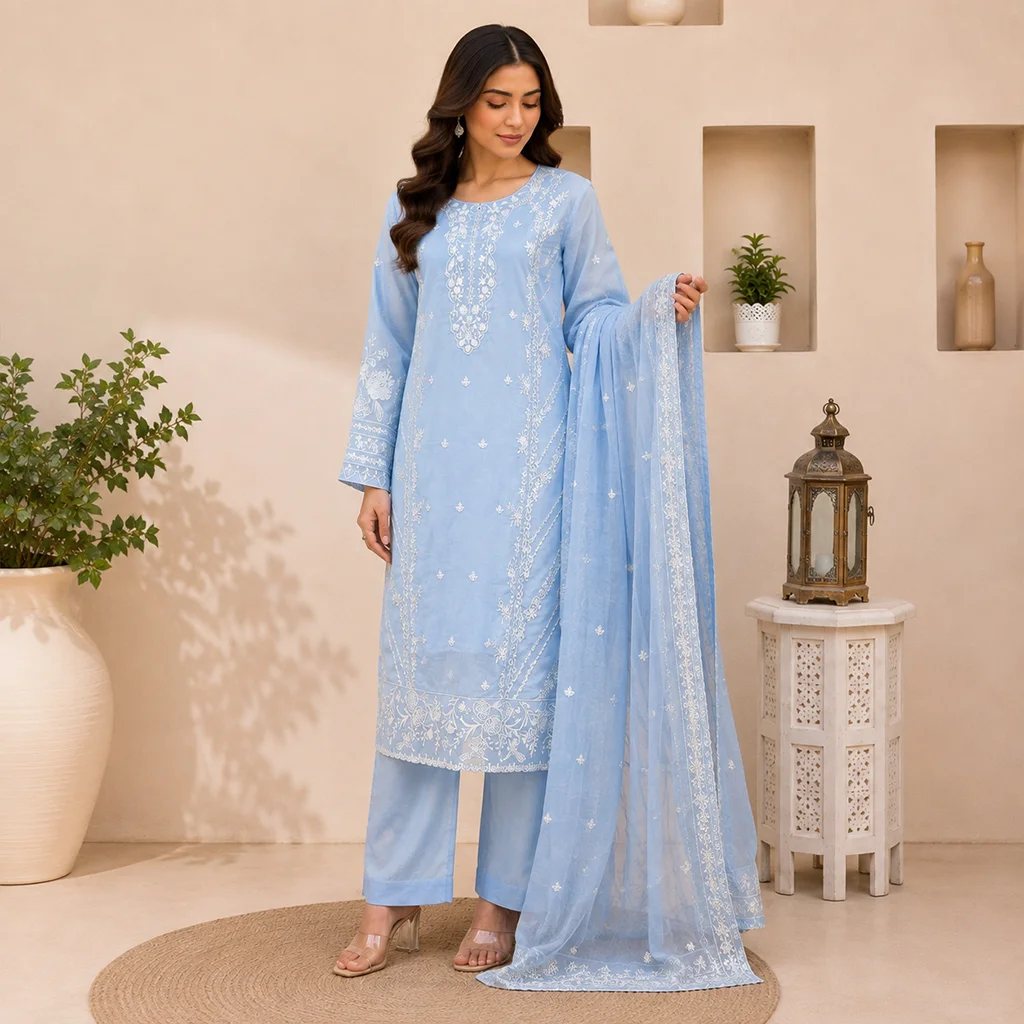 Sky Blue Embroidered lawn suit wholesale