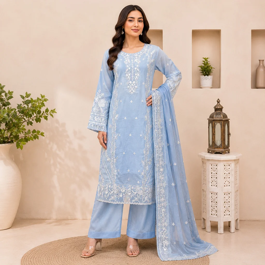 Sky Blue Embroidered lawn suit wholesale