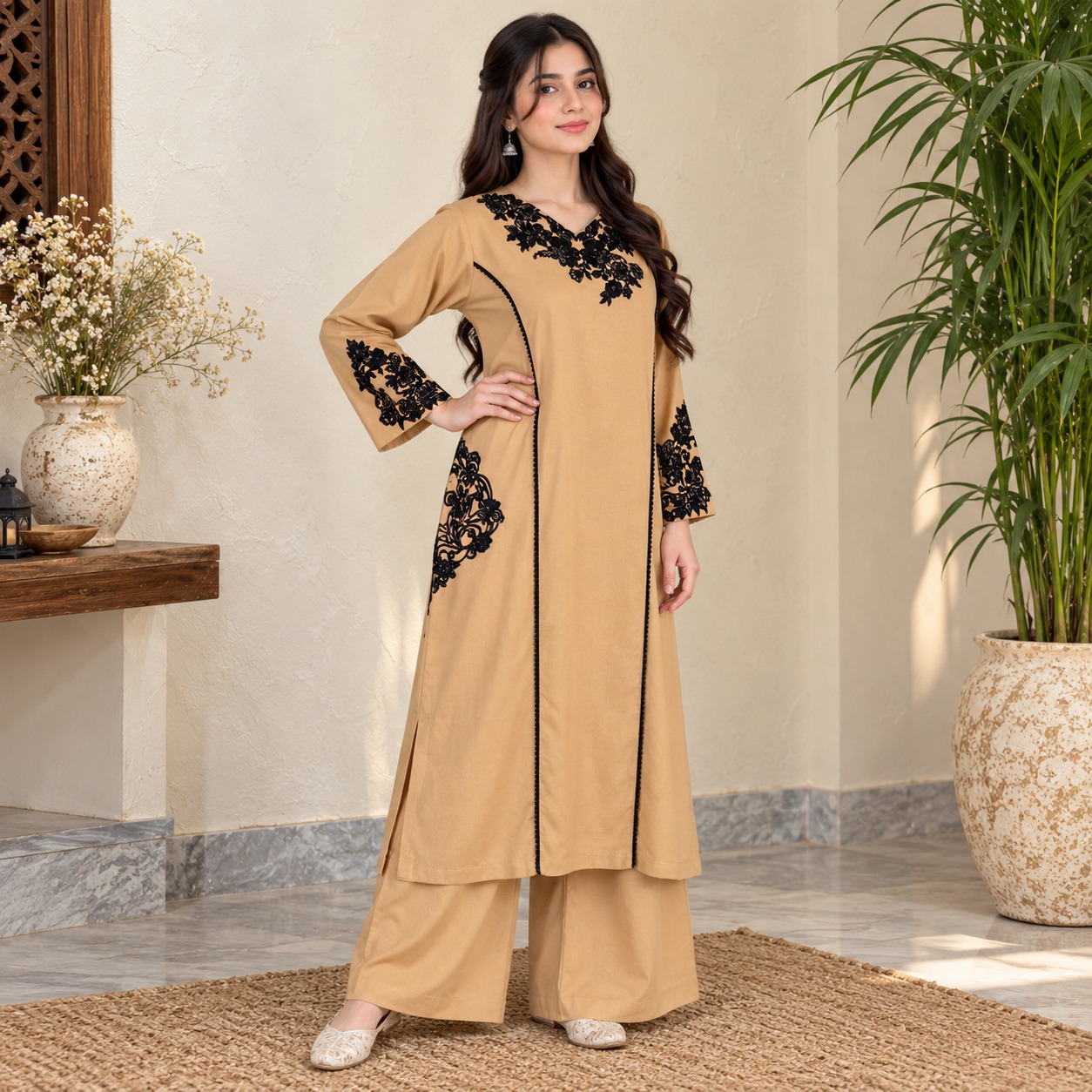 Beige wholesale pakistani dhanak suit