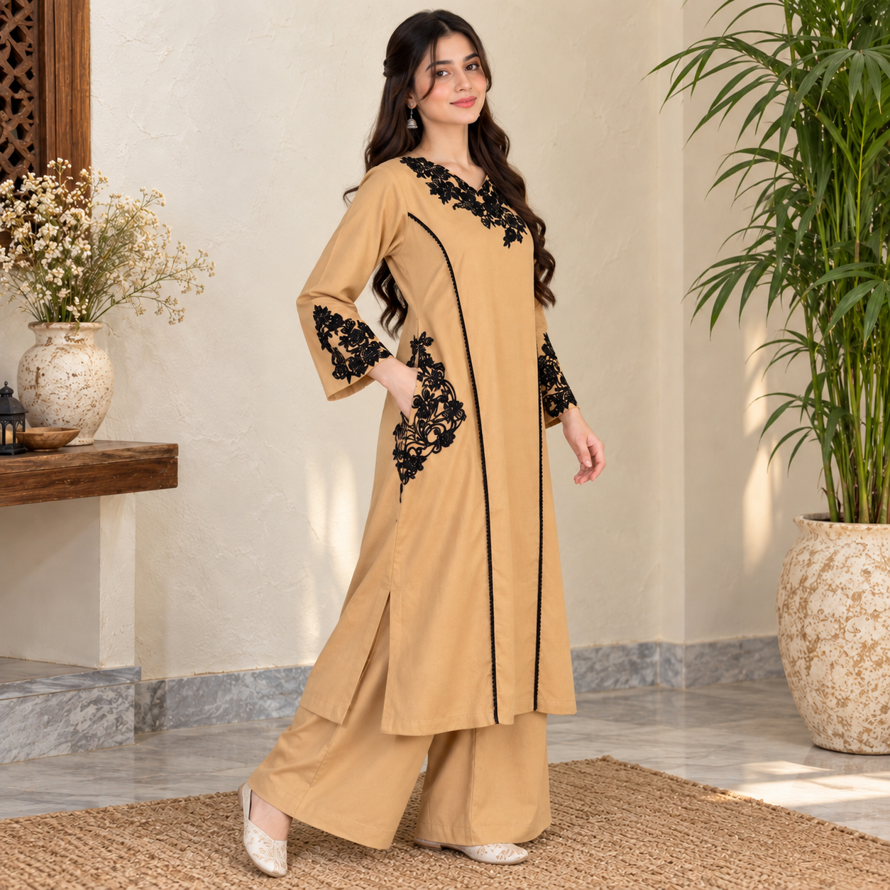 Beige wholesale pakistani dhanak suit