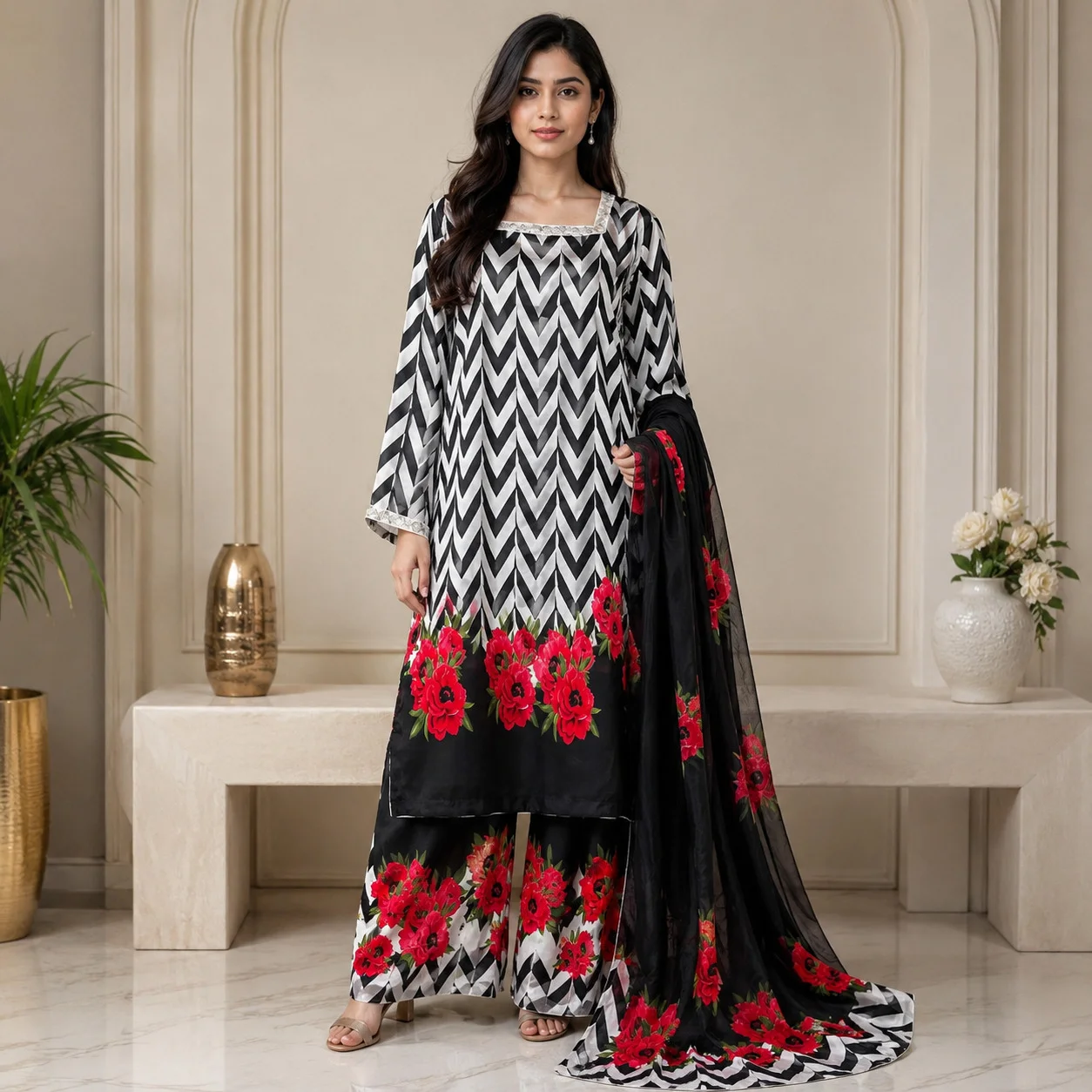 Black And White Wholesale Pakistani Silk Suit