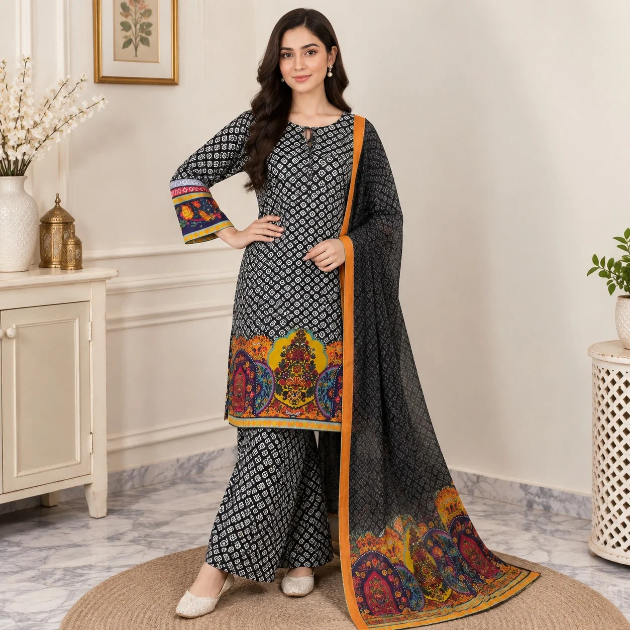 Black & White Wholesale Pakistani Silk Suit