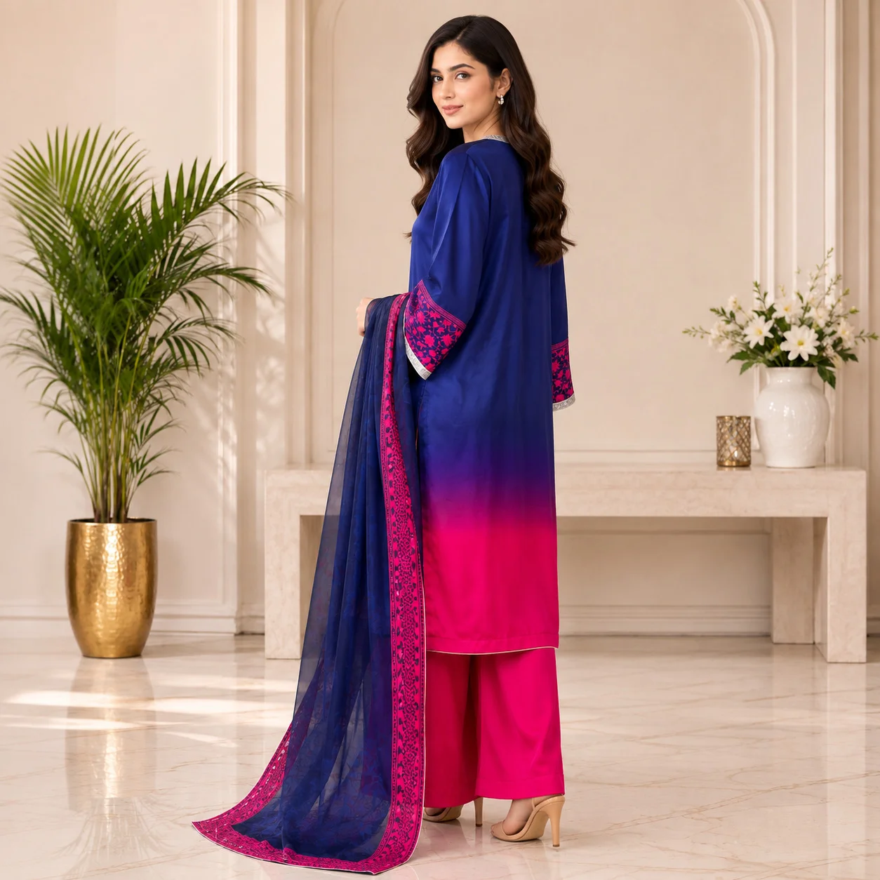 Blue And Pink Pakistani Silk Suit Wholesale