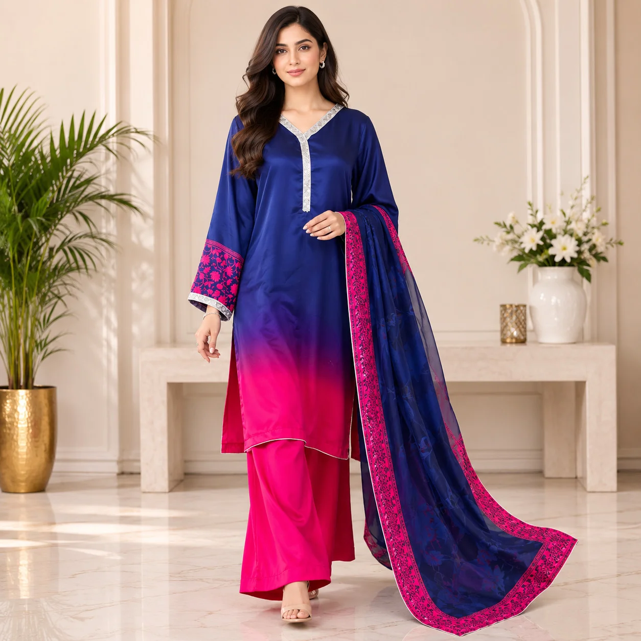 Blue And Pink Pakistani Silk Suit Wholesale