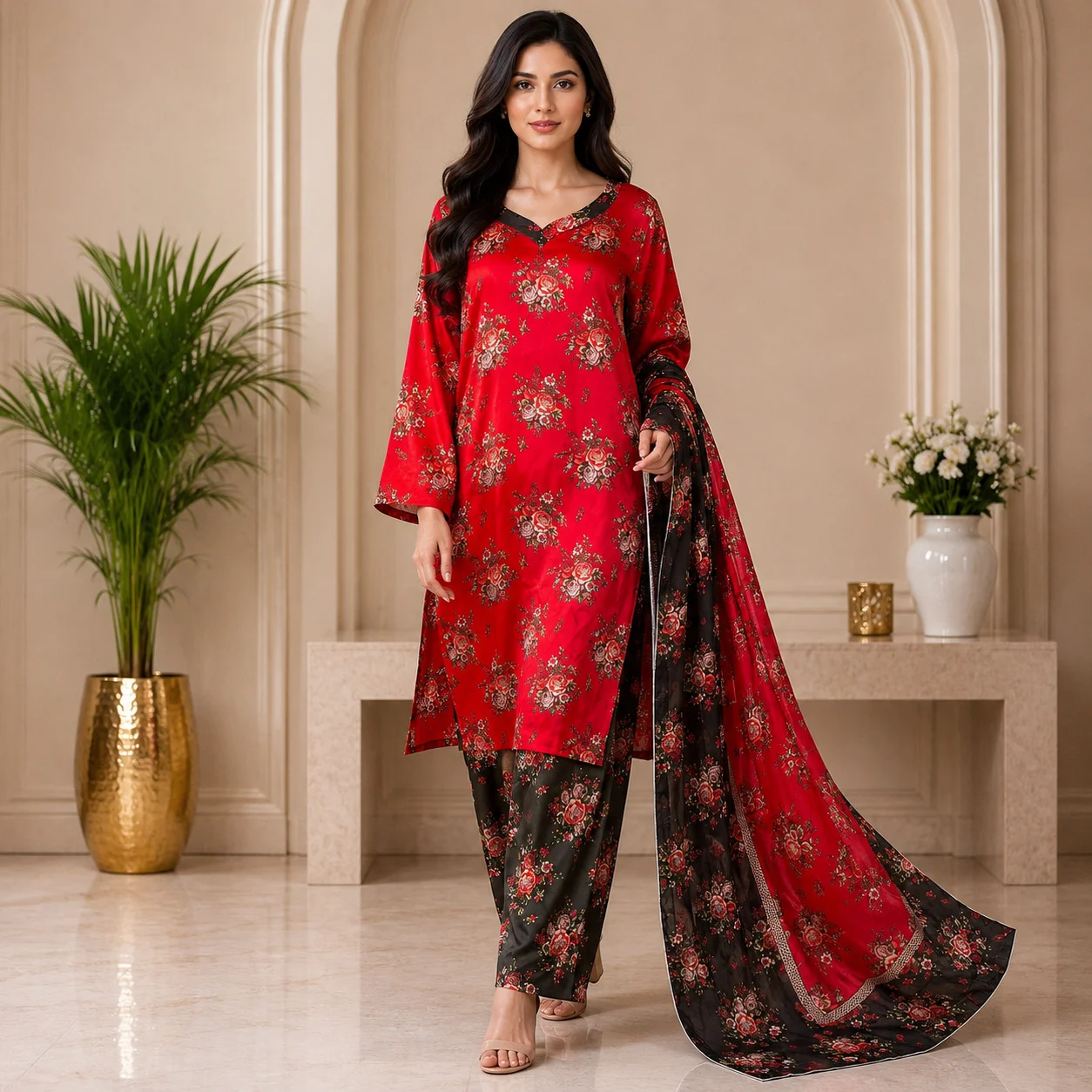 Bright Red Pakistani Silk Suit Wholesale