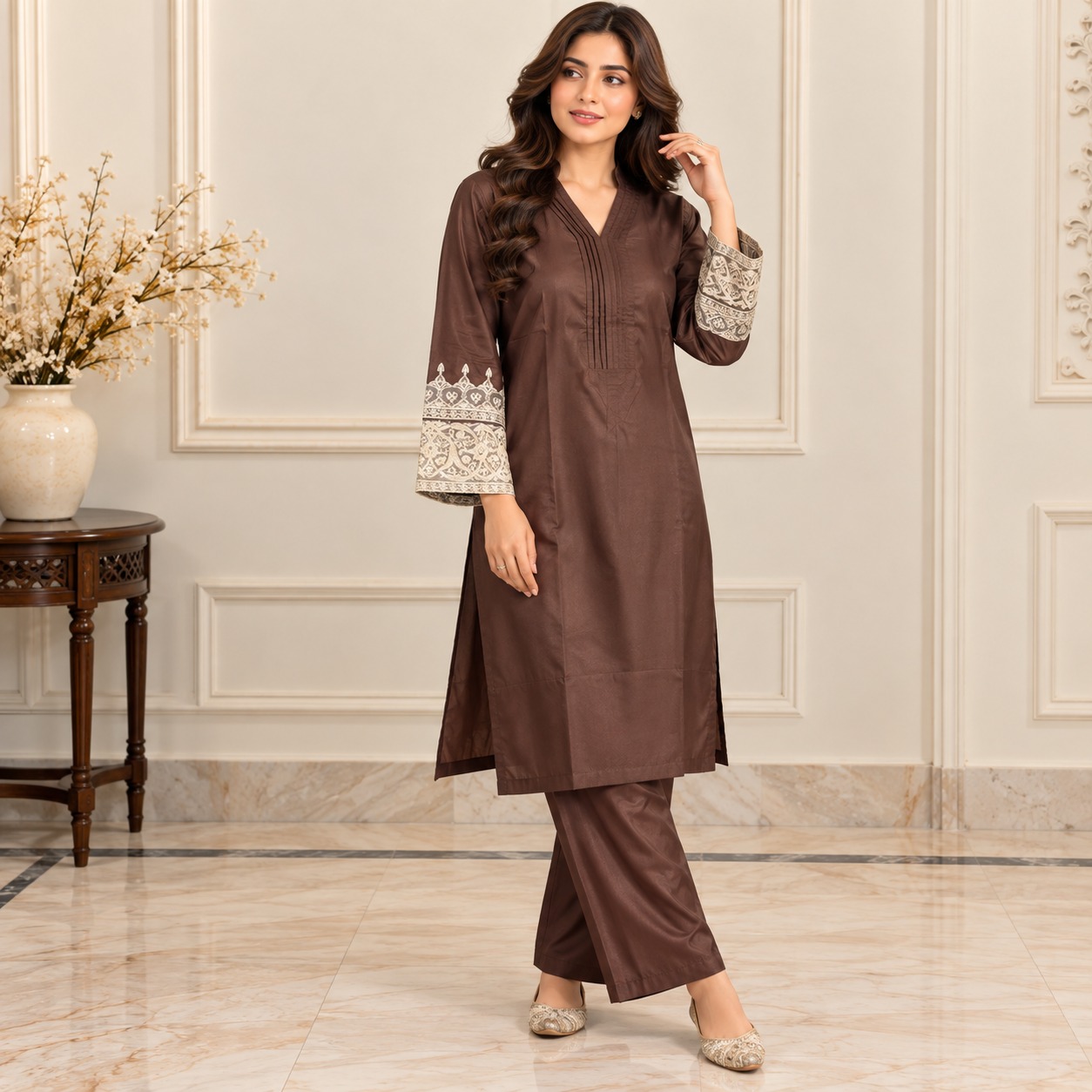 Brown Pakistani Wholesale Dhanak Suit