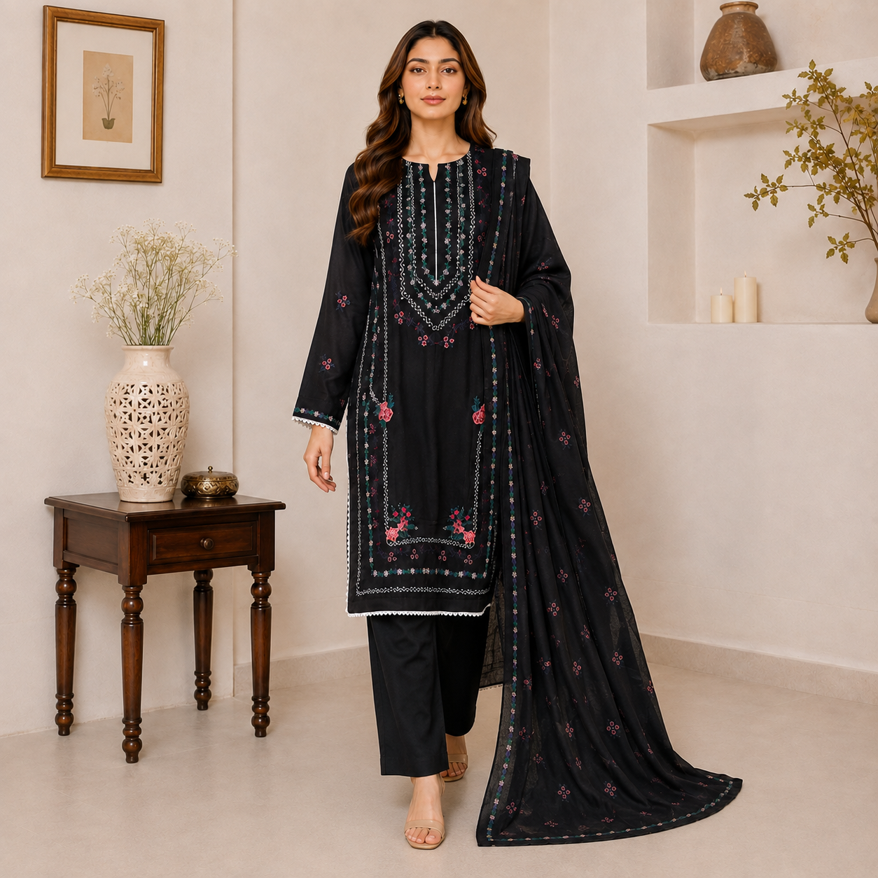 Jet Black Wholesale Pakistani Dhanak Suit