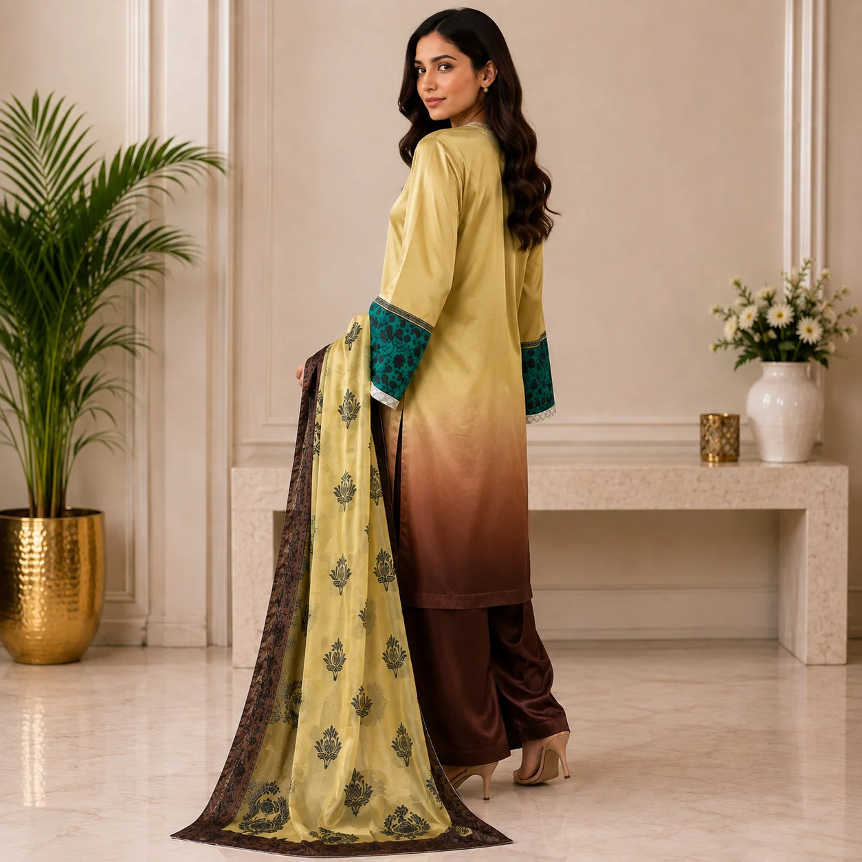 Golden Brown Pakistani Silk Suit Wholesale
