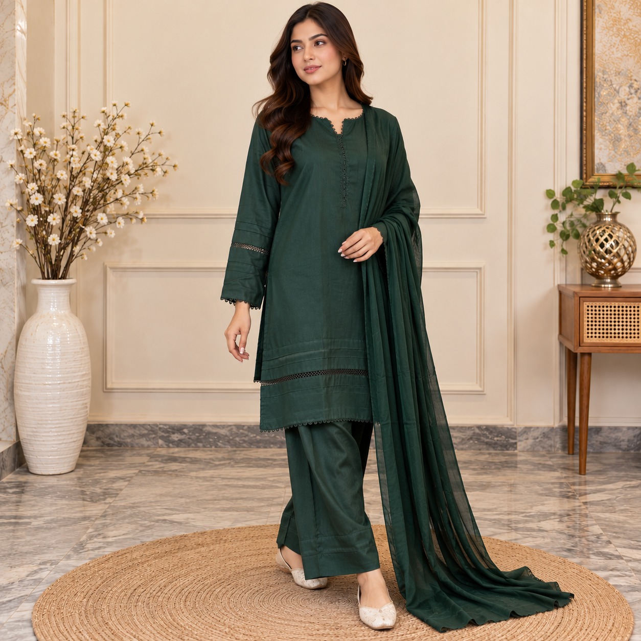 Green Pakistani Wholesale Dhanak Suit