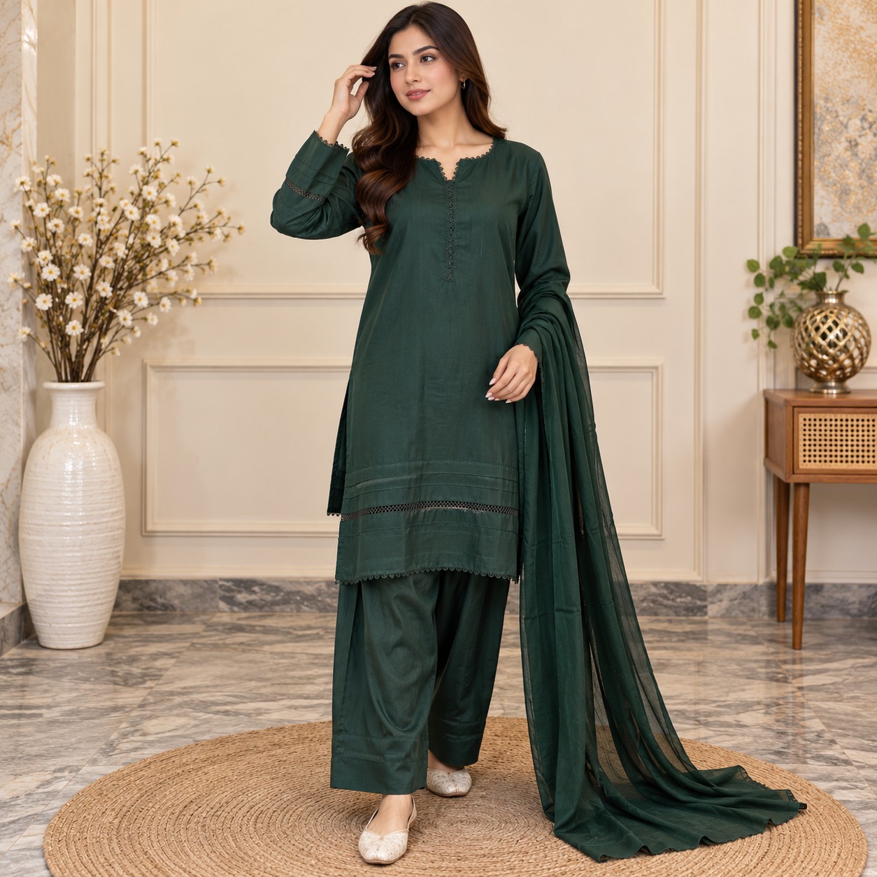 Green Pakistani Wholesale Dhanak Suit