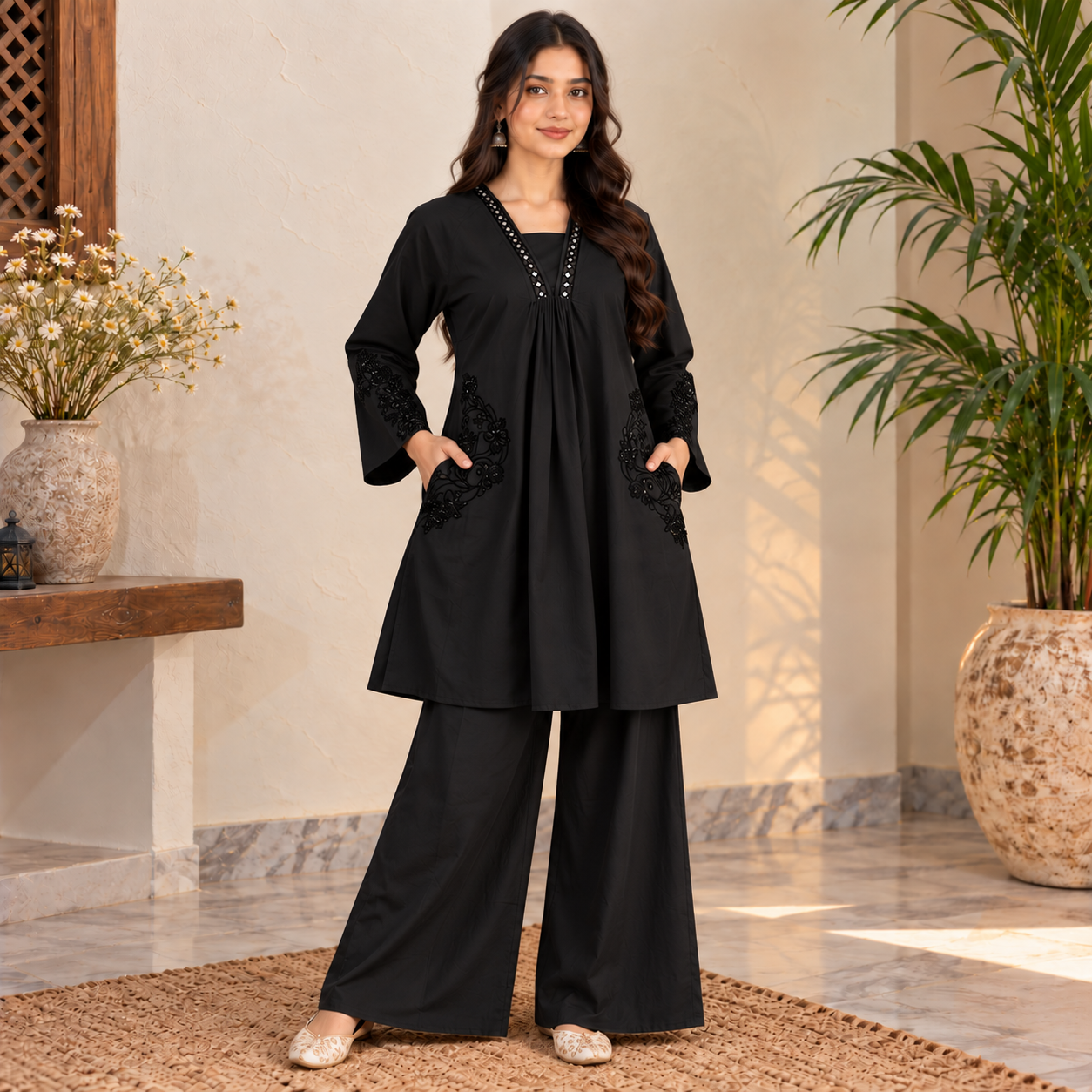 Jet Black Dhanak Suit Wholesale