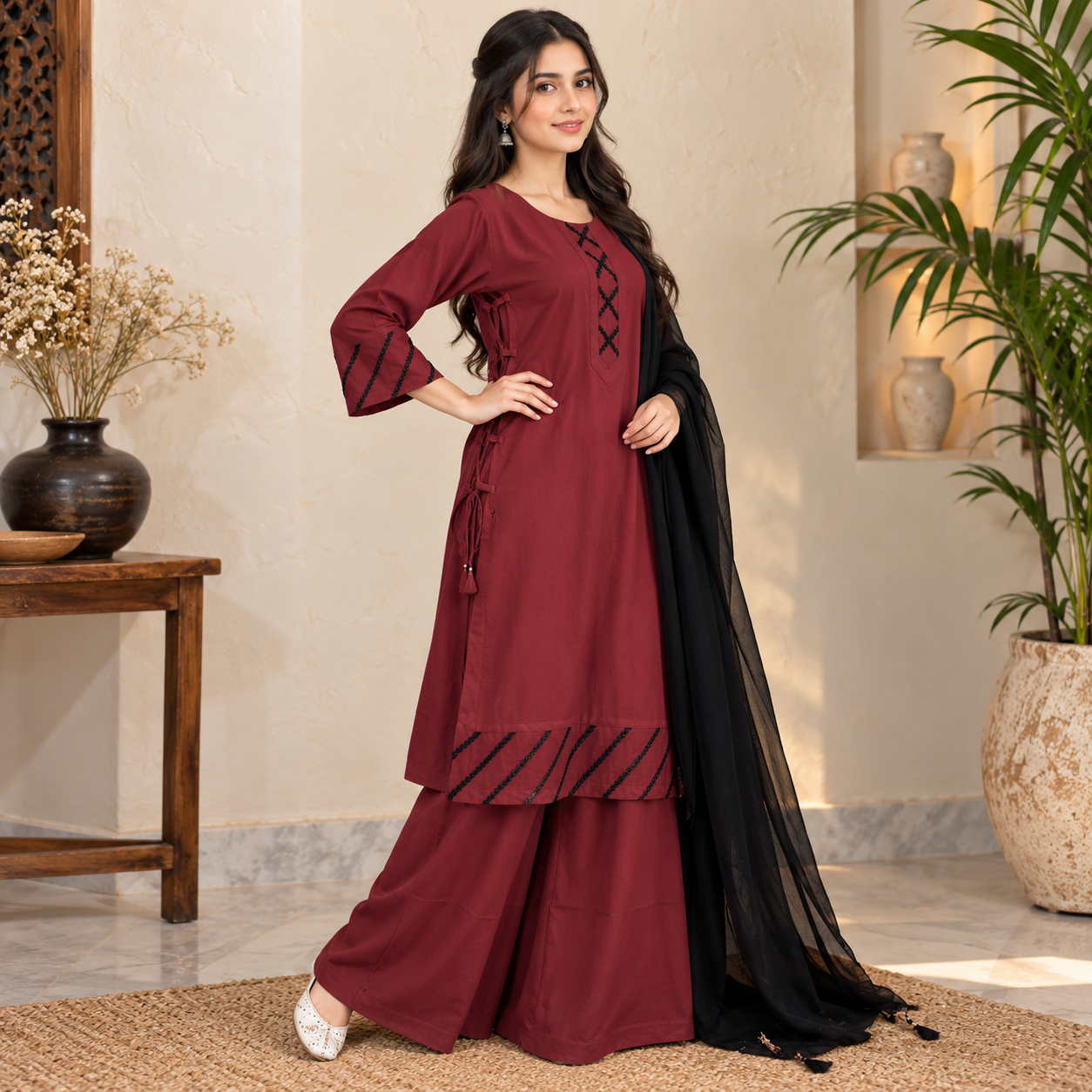 Maroon 3 Piece Wholesale Dhanak Suit
