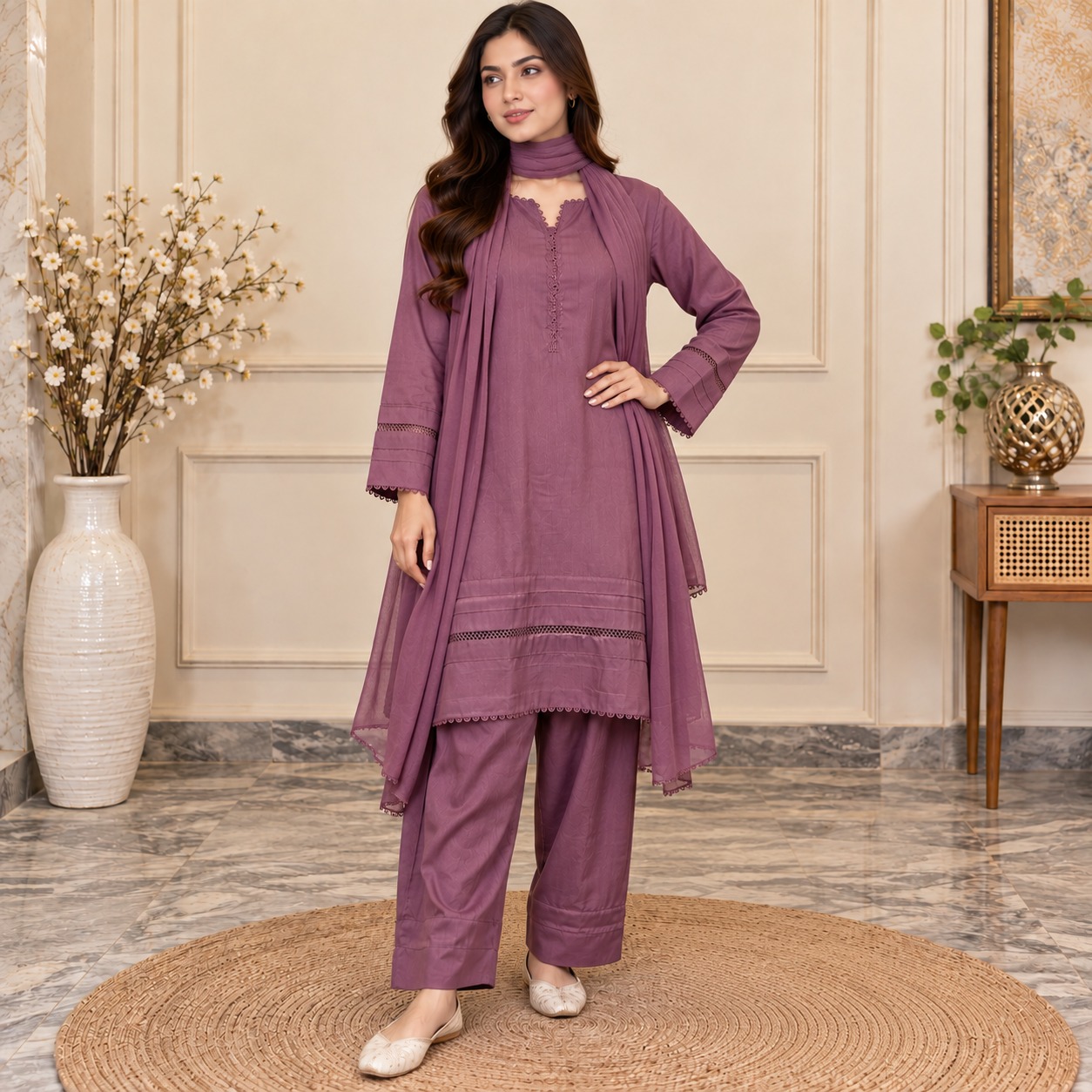 Plum Pakistani Wholesale Dhanak Suit