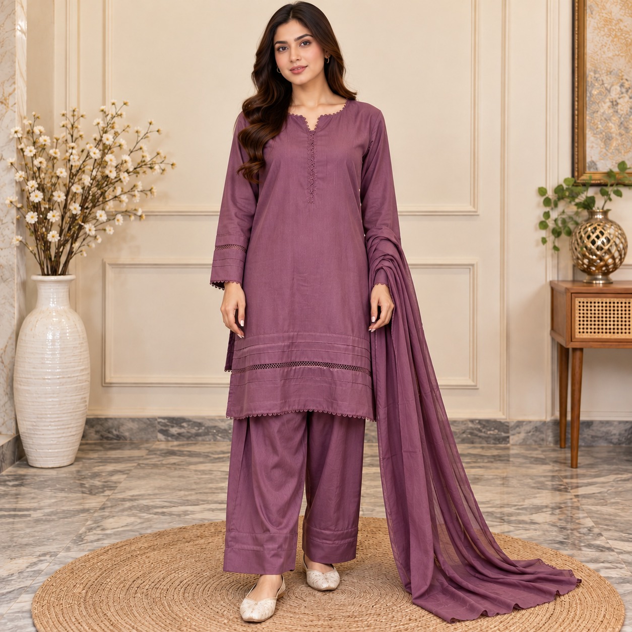 Plum Pakistani Wholesale Dhanak Suit