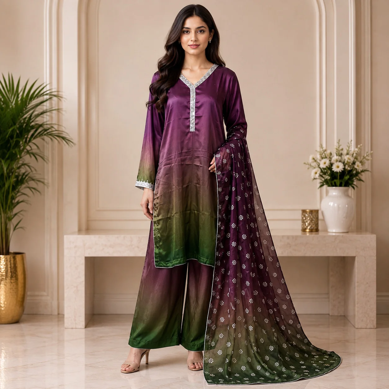 Plum Printed Silk Suit Wholesale Pakistani