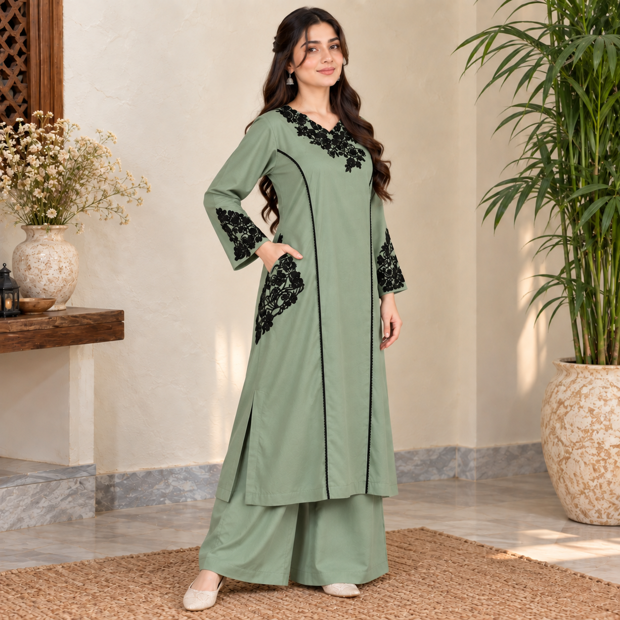 Saga Green Dhanak Suit Wholesale