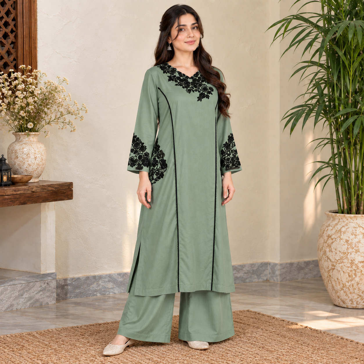 Saga Green Dhanak Suit Wholesale