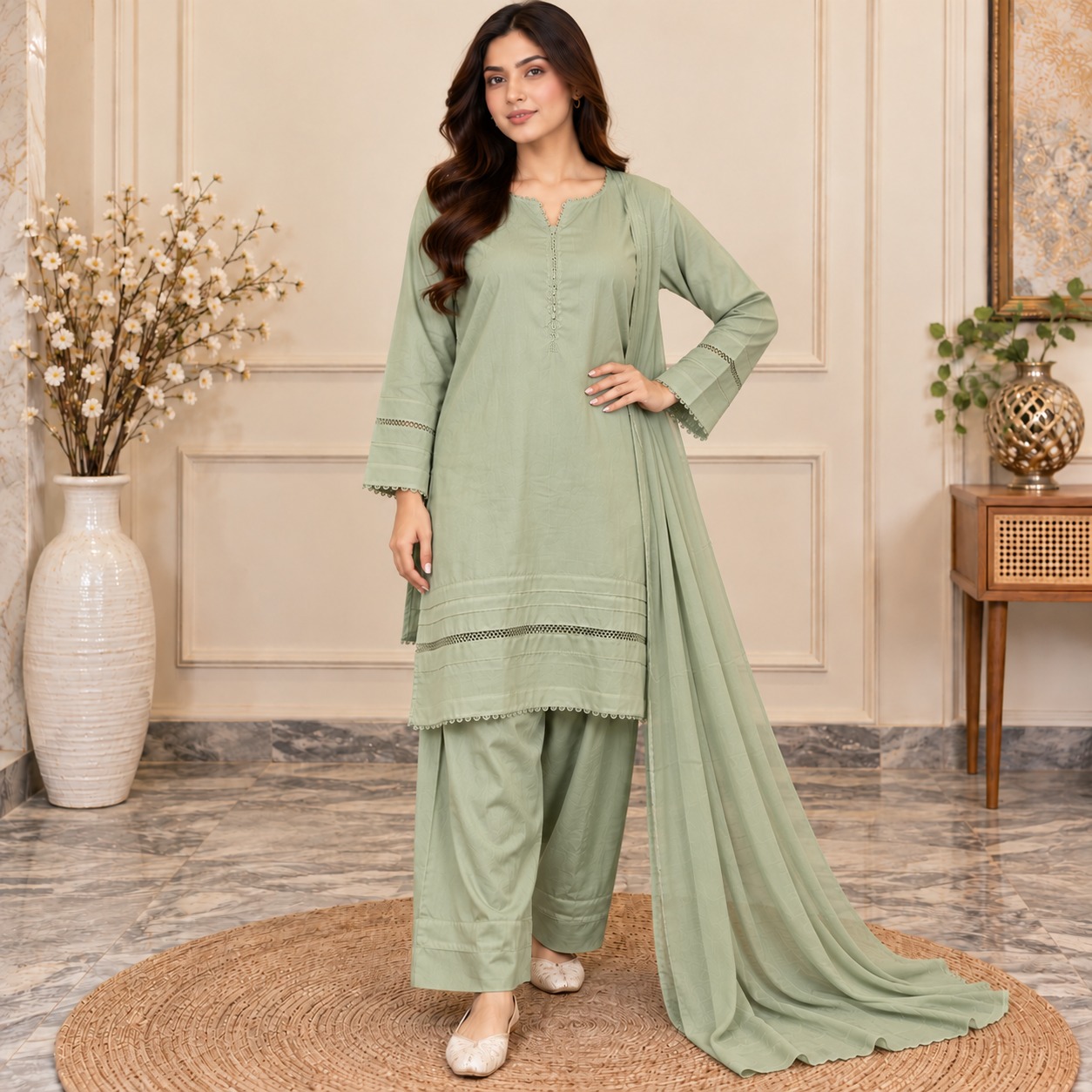 Saga Green Wholesale Dhanak Suit