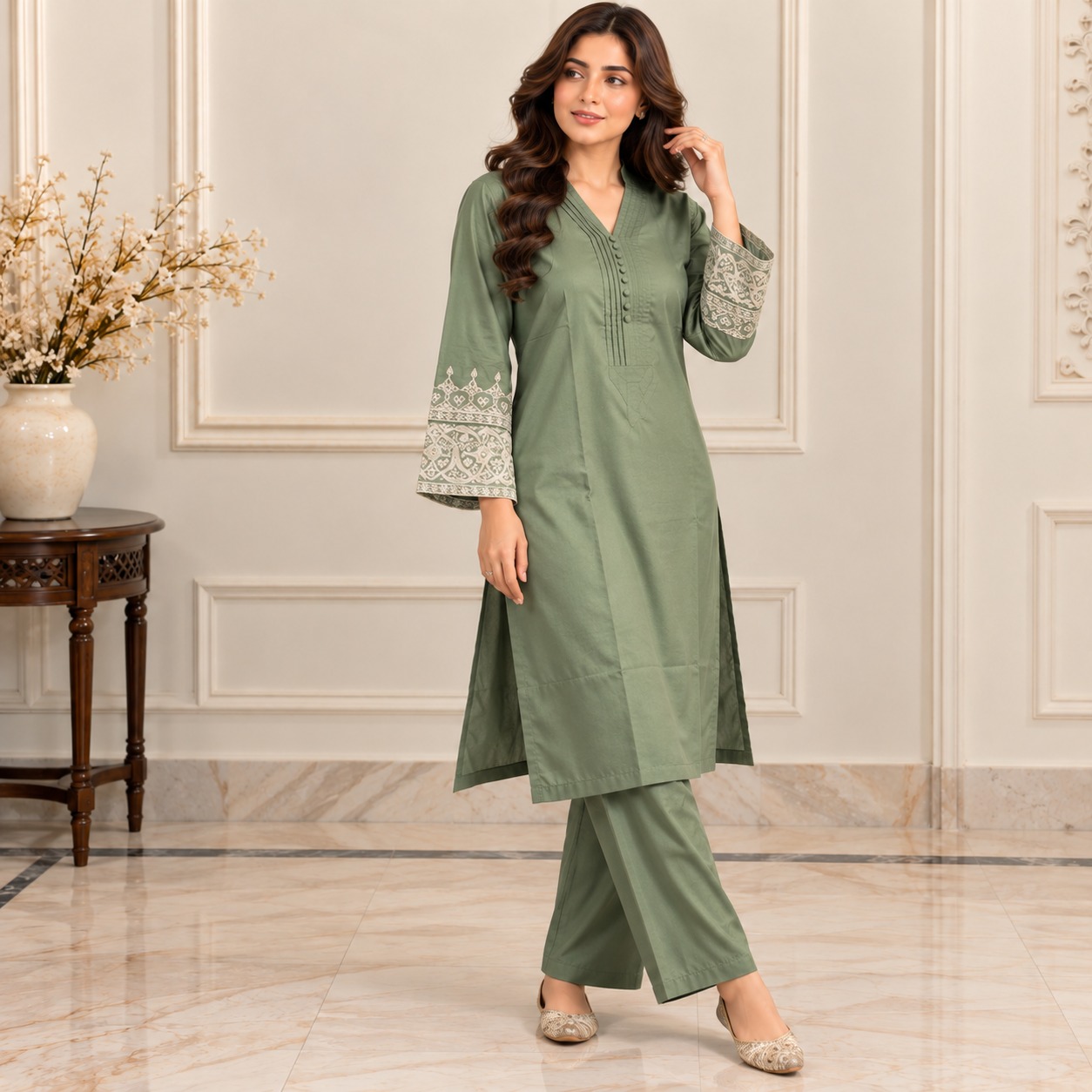 Saga Green Wholesale Dhanak Suit