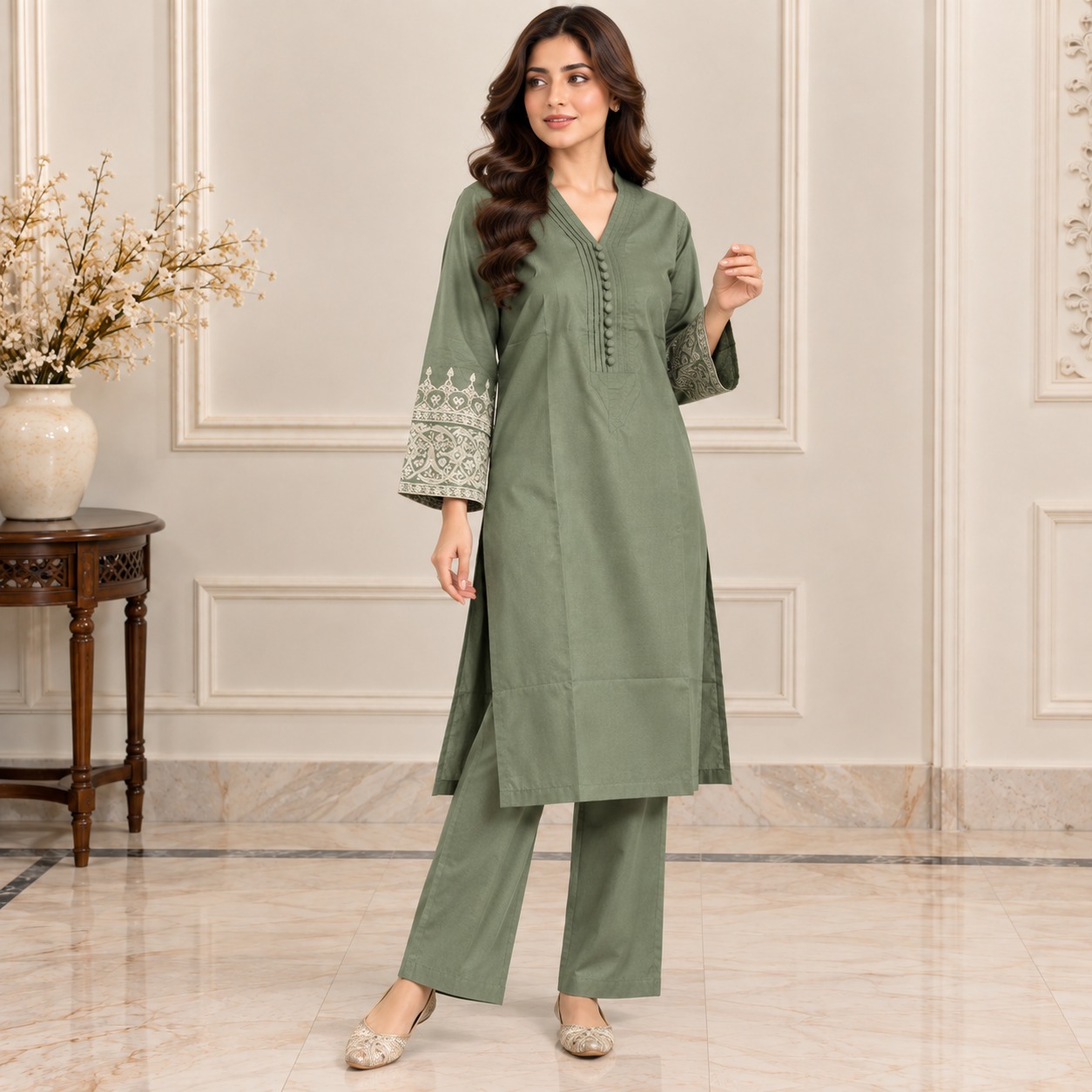 Saga Green Wholesale Dhanak Suit