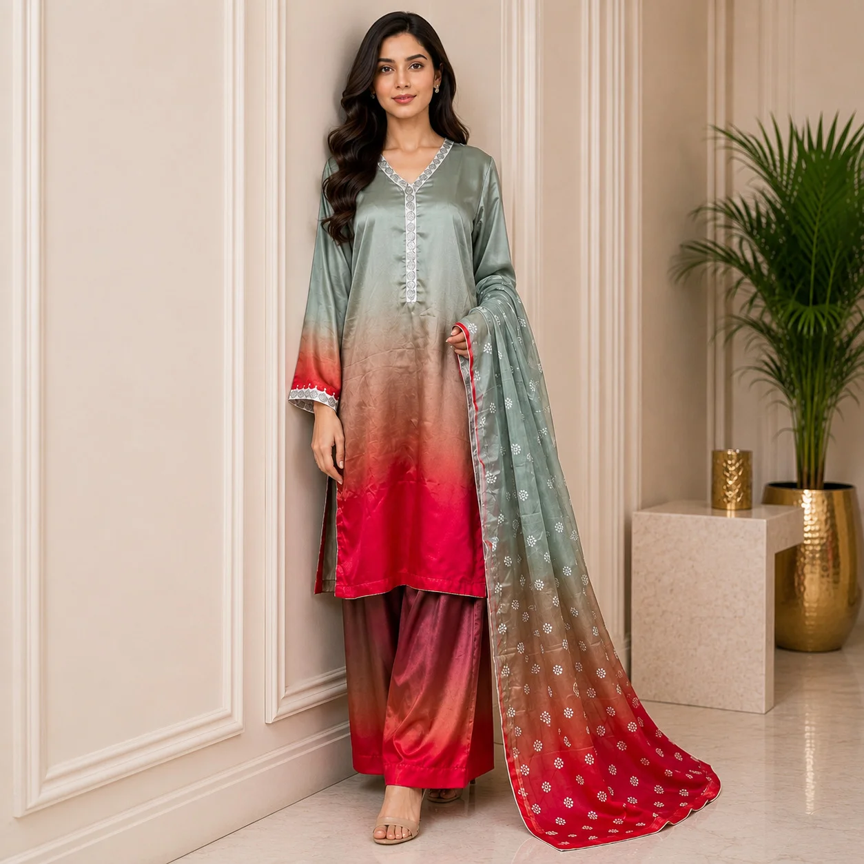 Sage Green Magenta Pakistani Silk Suit