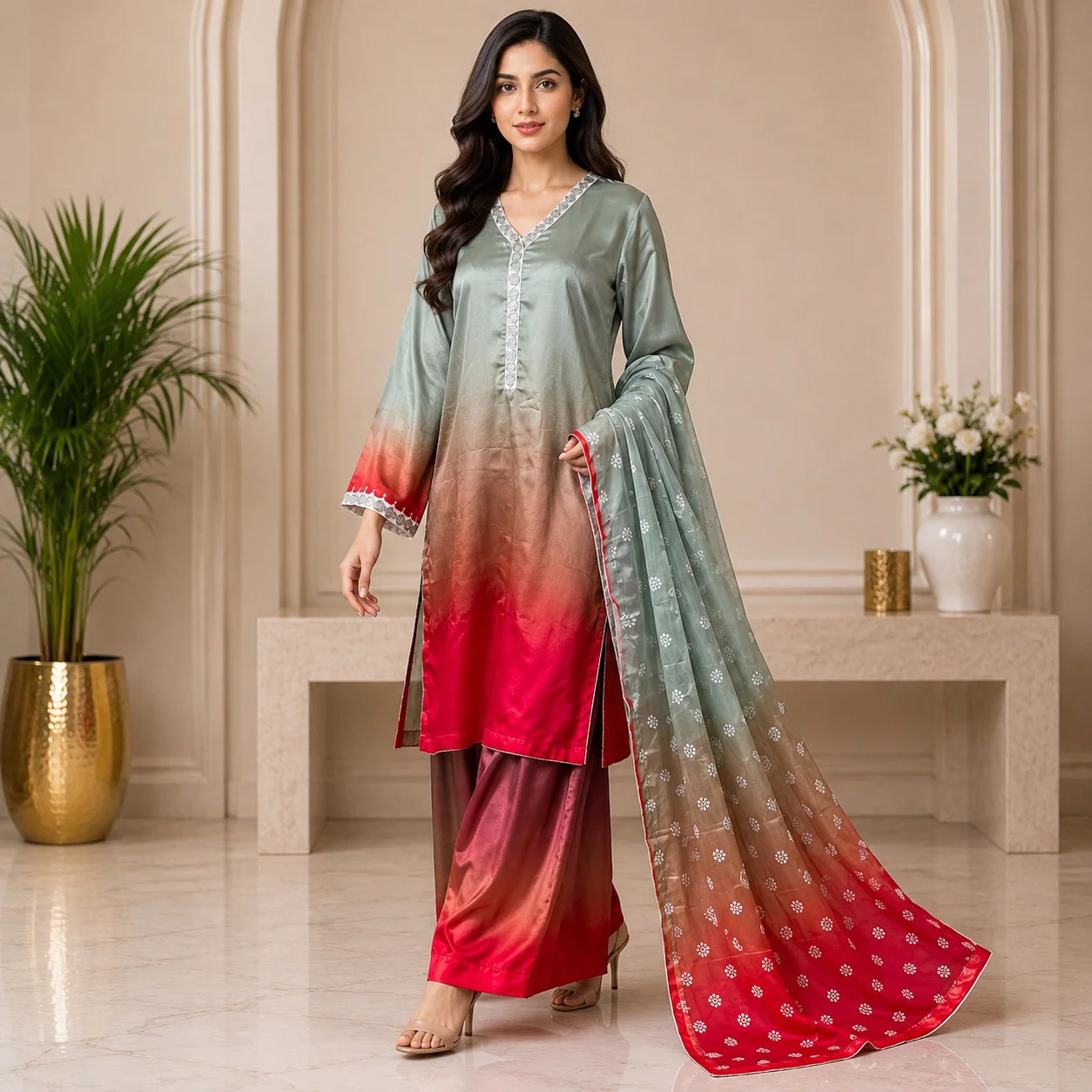 Sage Green Magenta Pakistani Silk Suit