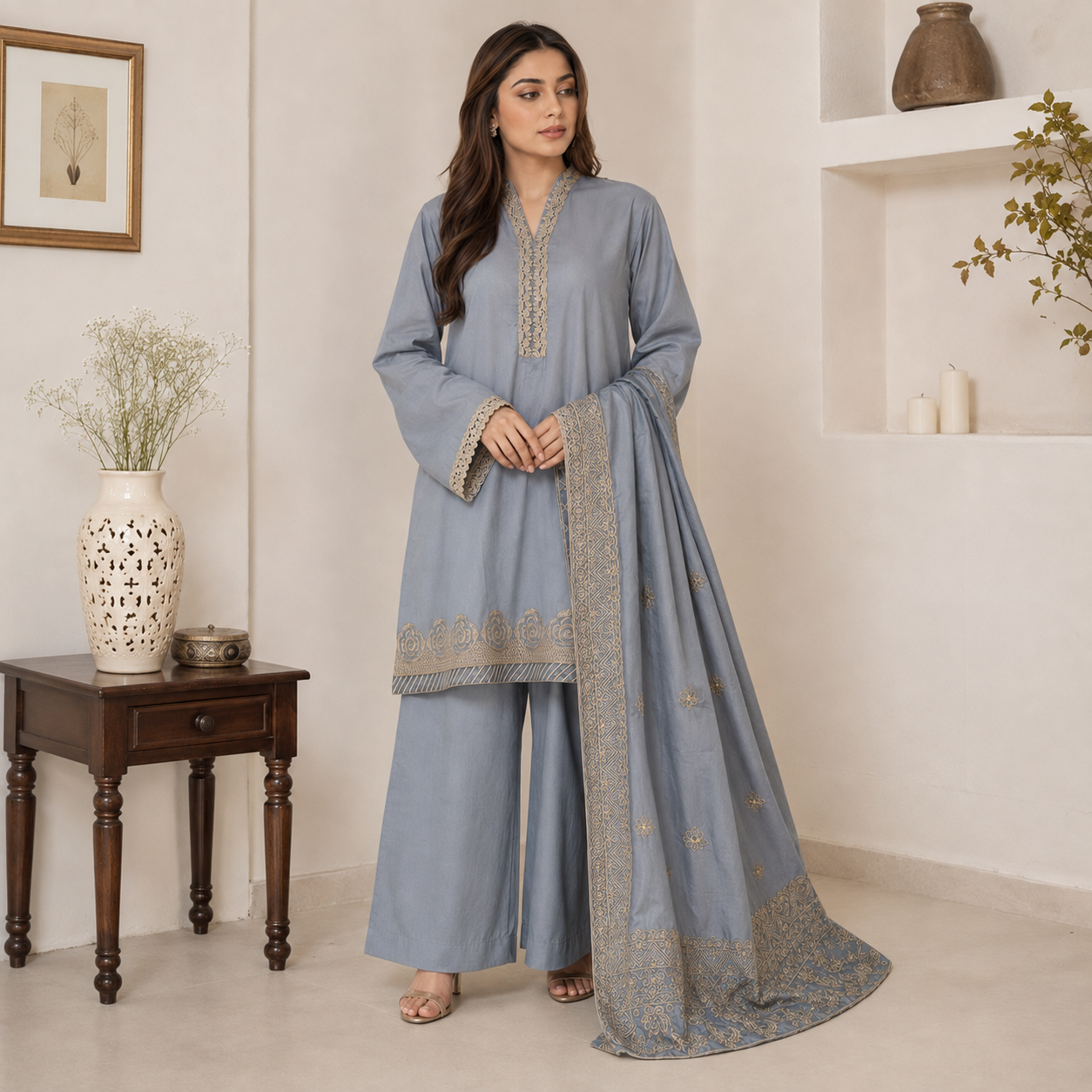 Slate Grey Pakistani Dhanak Suit Wholesale