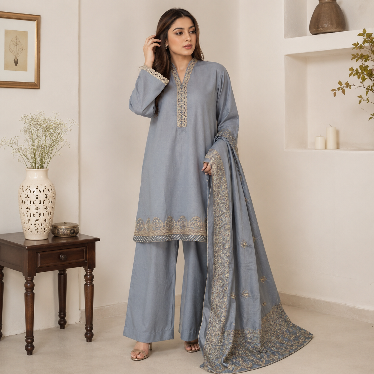 Slate Grey Pakistani Dhanak Suit Wholesale