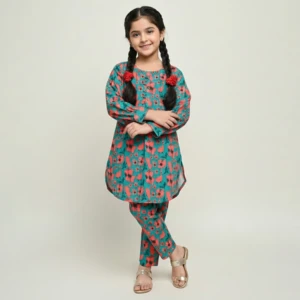 Teal Color Vibrant Floral Girls casual Wear Wholesale Dress